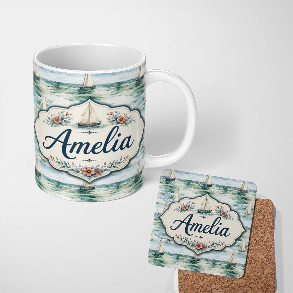 Personalized Custom Name Vintage Sailing Boats Ocean Waves Seamless Pattern Name Cute Unique 11oz Ceramic Coffee Tea Mug White Large Handle