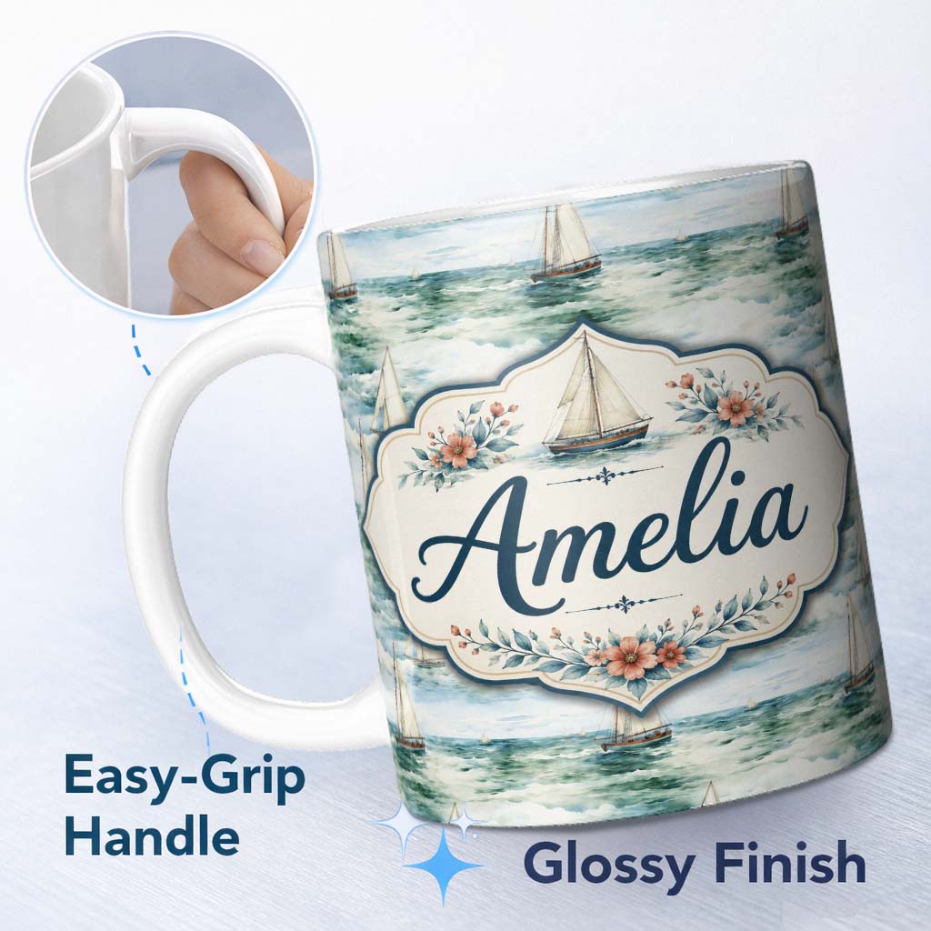 Personalized Custom Name Vintage Sailing Boats Ocean Waves Seamless Pattern Name Cute Unique 11oz Ceramic Coffee Tea Mug White Large Handle