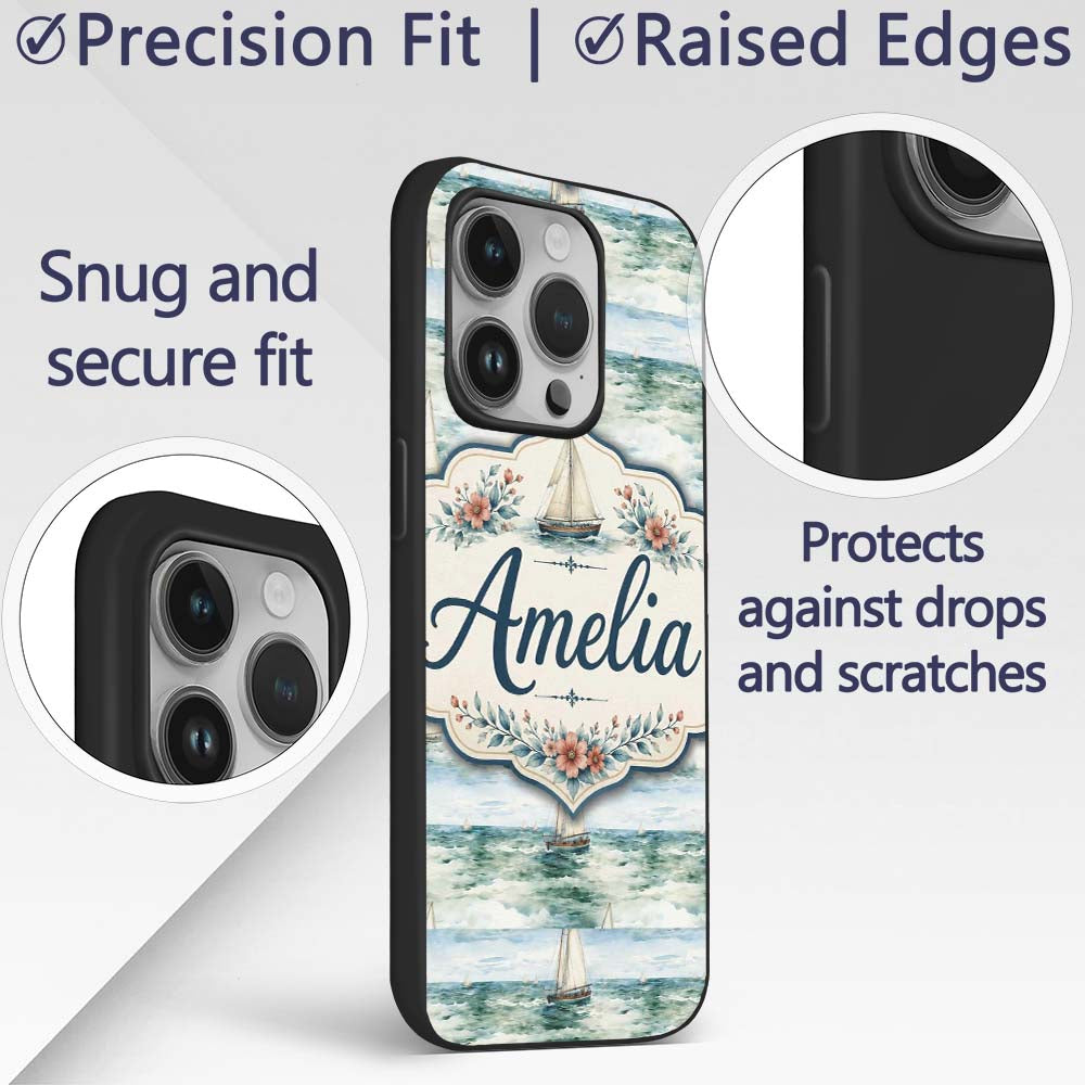 Vintage Sailing Boats Ocean Waves Printed Design Custom Name Protective Phone Case Mobile Cover Durable Everyday Smartphone Shock Resistant