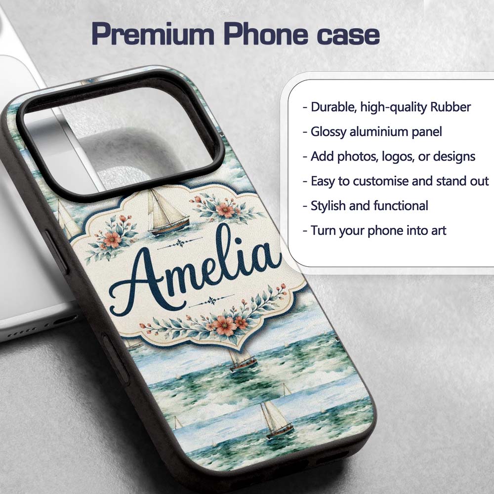 Vintage Sailing Boats Ocean Waves Printed Design Custom Name Protective Phone Case Mobile Cover Durable Everyday Smartphone Shock Resistant