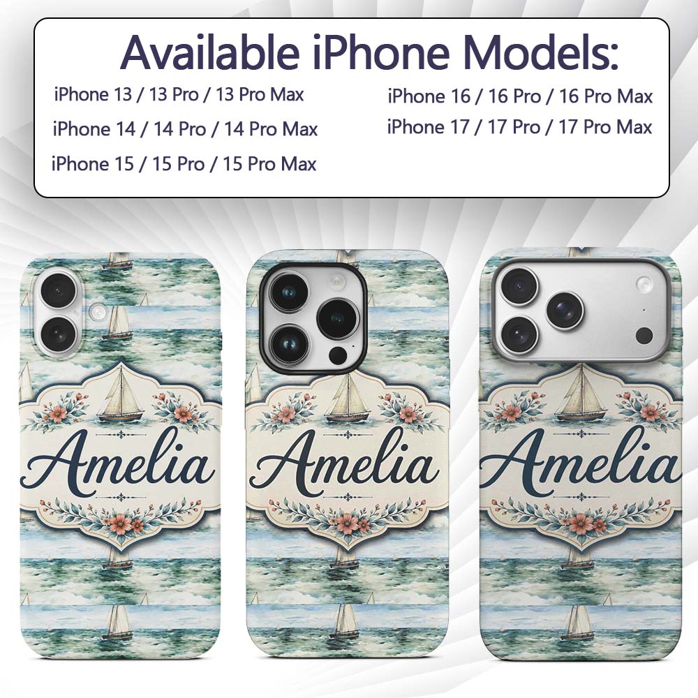 Vintage Sailing Boats Ocean Waves Printed Design Custom Name Protective Phone Case Mobile Cover Durable Everyday Smartphone Shock Resistant