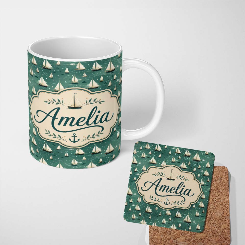 Personalized Custom Name Minimal Sailing Boats Teal Sea Seamless Pattern Name Cute Unique 11oz Ceramic Coffee Tea Mug White Large Handle