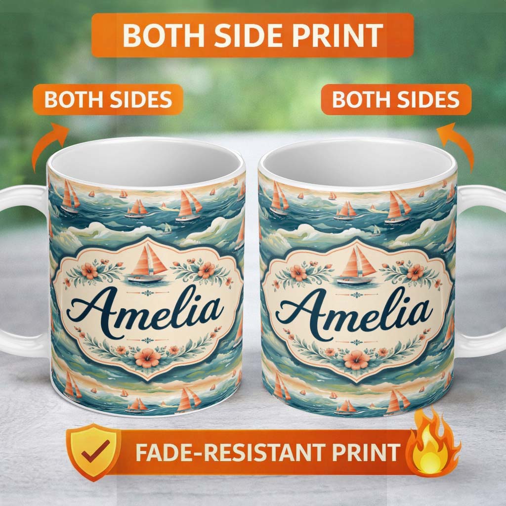 Personalized Custom Name Orange Sailboats Ocean Waves Seamless Pattern Custom Name Cute 11oz Ceramic Coffee Tea Mug White Large Handle