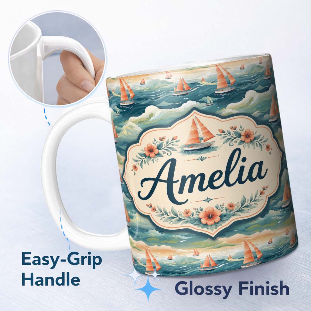 Personalized Custom Name Orange Sailboats Ocean Waves Seamless Pattern Custom Name Cute 11oz Ceramic Coffee Tea Mug White Large Handle