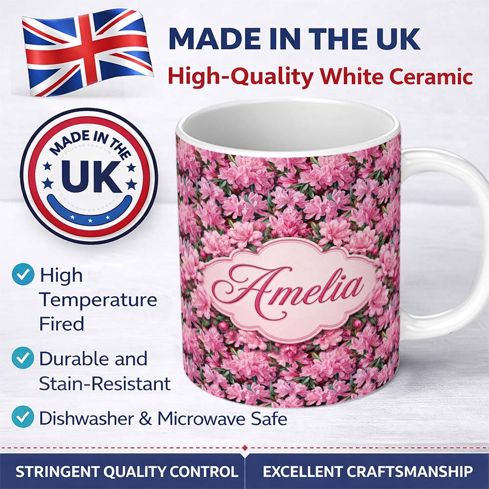 Personalized Custom Name Bright Pink Floral Bloom Dense Botanical Seamless Pattern Lovely 11oz Ceramic Coffee Tea Mug White Large Handle