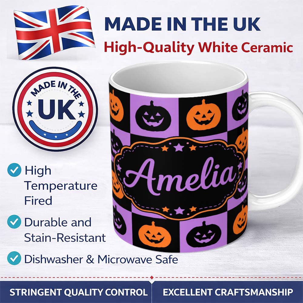 Personalized Custom Name Black Orange Pumpkin Checkerboard Halloween Seamless Pattern UK 11oz Ceramic Coffee Tea Mug White Large Handle
