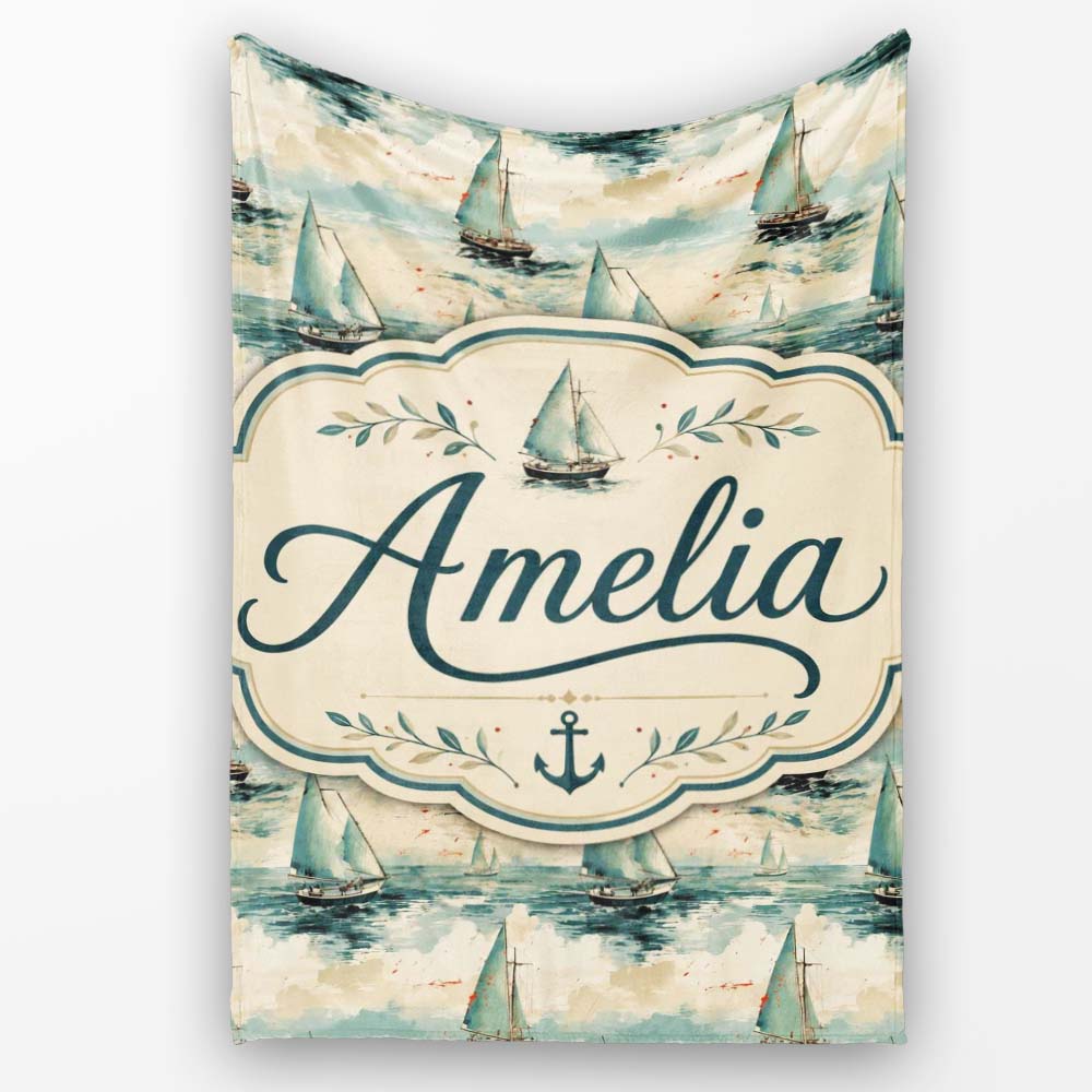 Classic Sailboats Sea Painting Style Seamless Pattern Name Cute Personalised Custom Name Super Soft Fleece Blanket Bed Sofa Throw