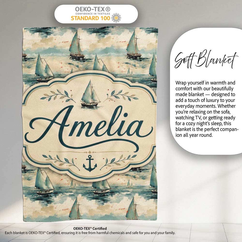 Classic Sailboats Sea Painting Style Seamless Pattern Name Cute Personalised Custom Name Super Soft Fleece Blanket Bed Sofa Throw