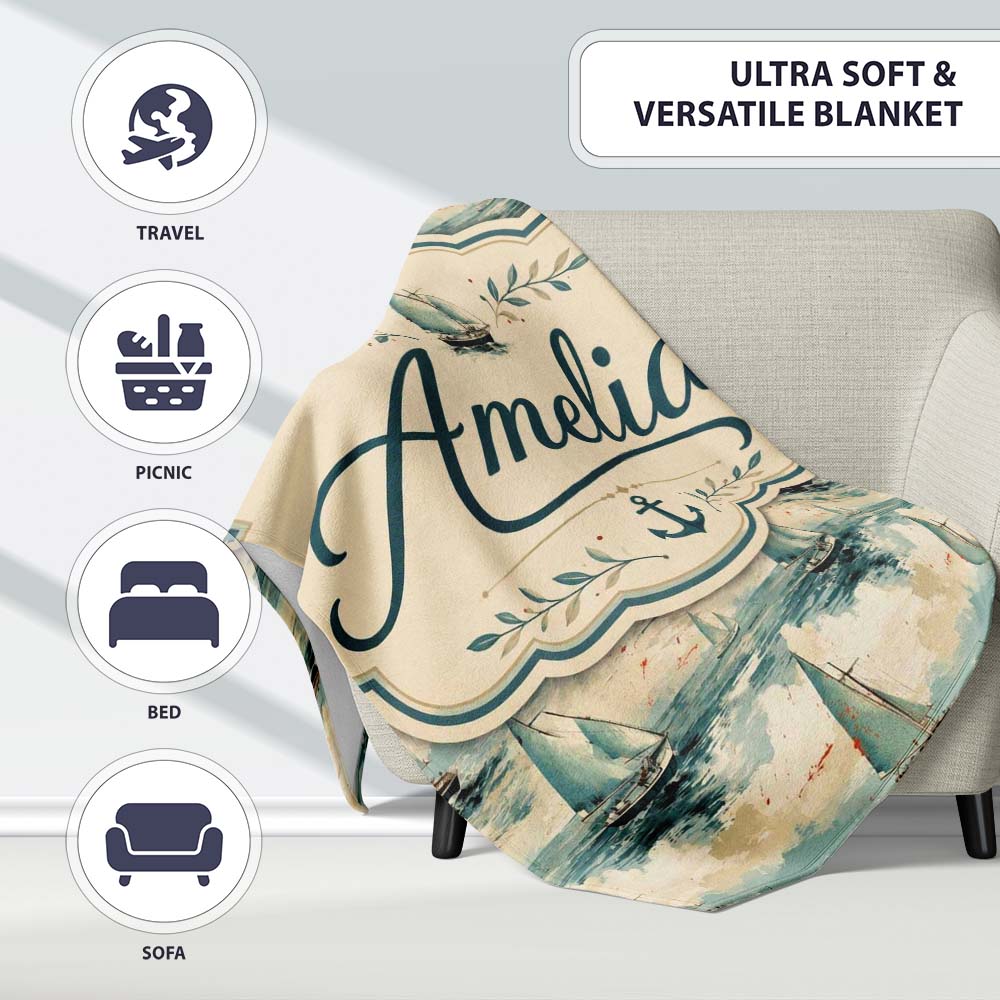 Classic Sailboats Sea Painting Style Seamless Pattern Name Cute Personalised Custom Name Super Soft Fleece Blanket Bed Sofa Throw