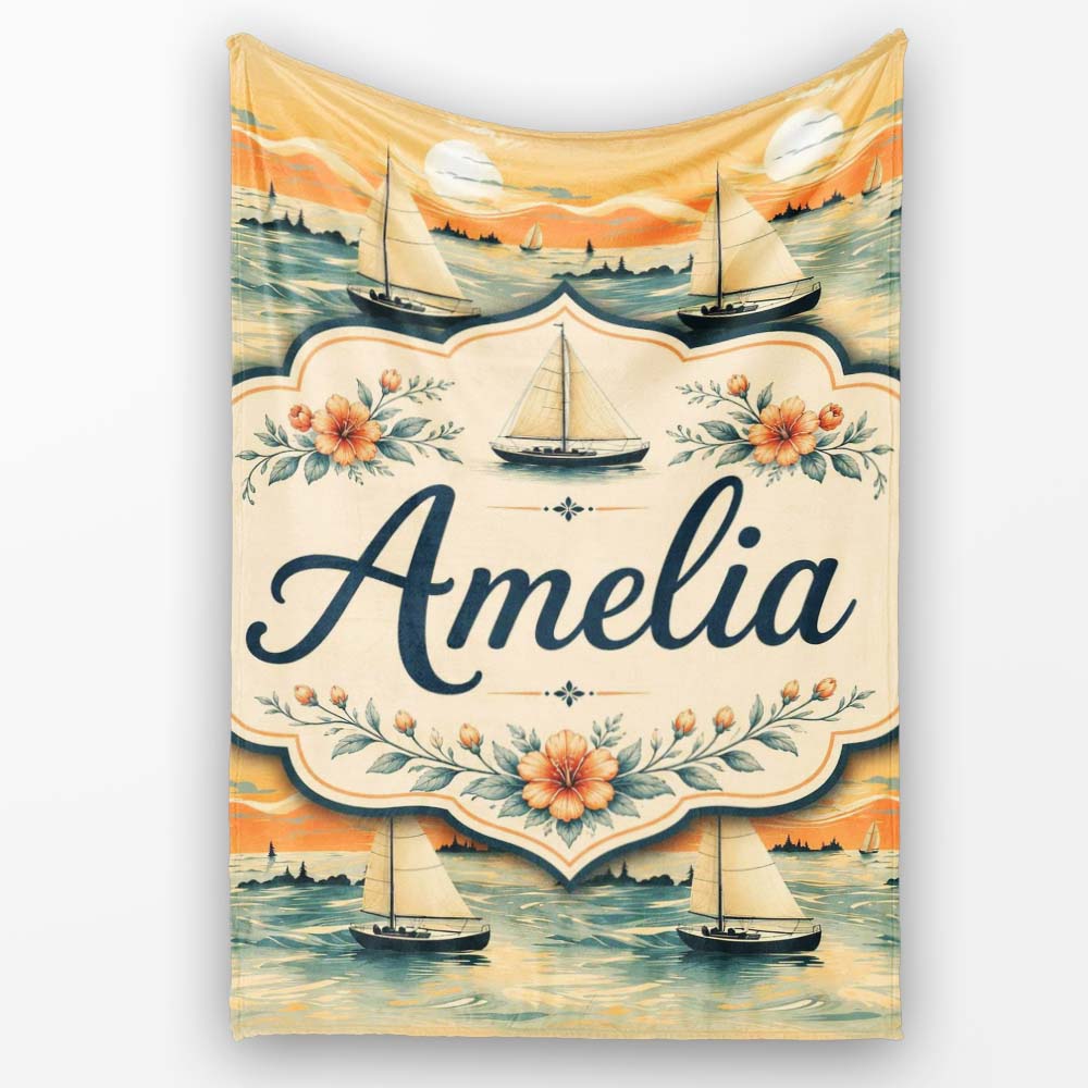 Sunset Sailing Boats Calm Sea Seamless Pattern Name Cute Unique Gift Personalised Custom Name Super Soft Fleece Blanket Bed Sofa Throw