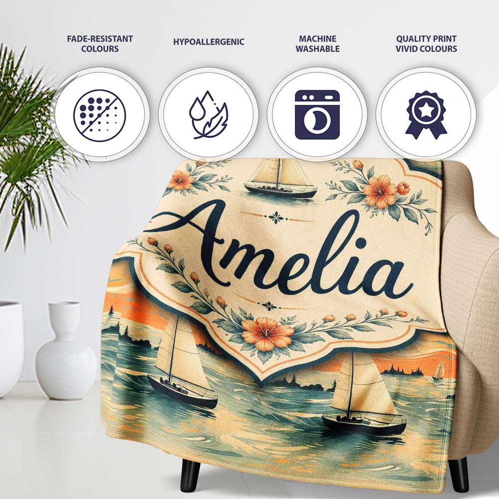 Sunset Sailing Boats Calm Sea Seamless Pattern Name Cute Unique Gift Personalised Custom Name Super Soft Fleece Blanket Bed Sofa Throw