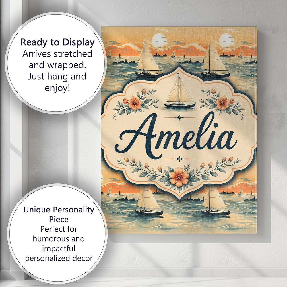 Personalised Name Sunset Sailing Boats Calm Custom Bespoke Interior Contemporary Canvas Wall Art Print Decor Picture Ready to Hang