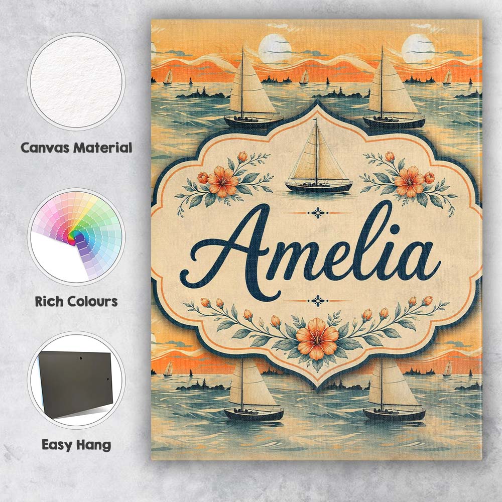 Personalised Name Sunset Sailing Boats Calm Custom Bespoke Interior Contemporary Canvas Wall Art Print Decor Picture Ready to Hang