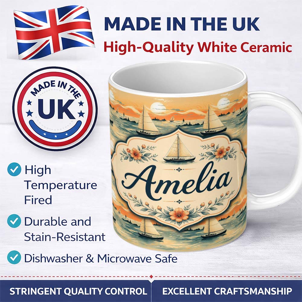 Personalized Custom Name Sunset Sailing Boats Calm Sea Seamless Pattern Name Cute Unique Gift 11oz Ceramic Coffee Tea Mug White Large Handle