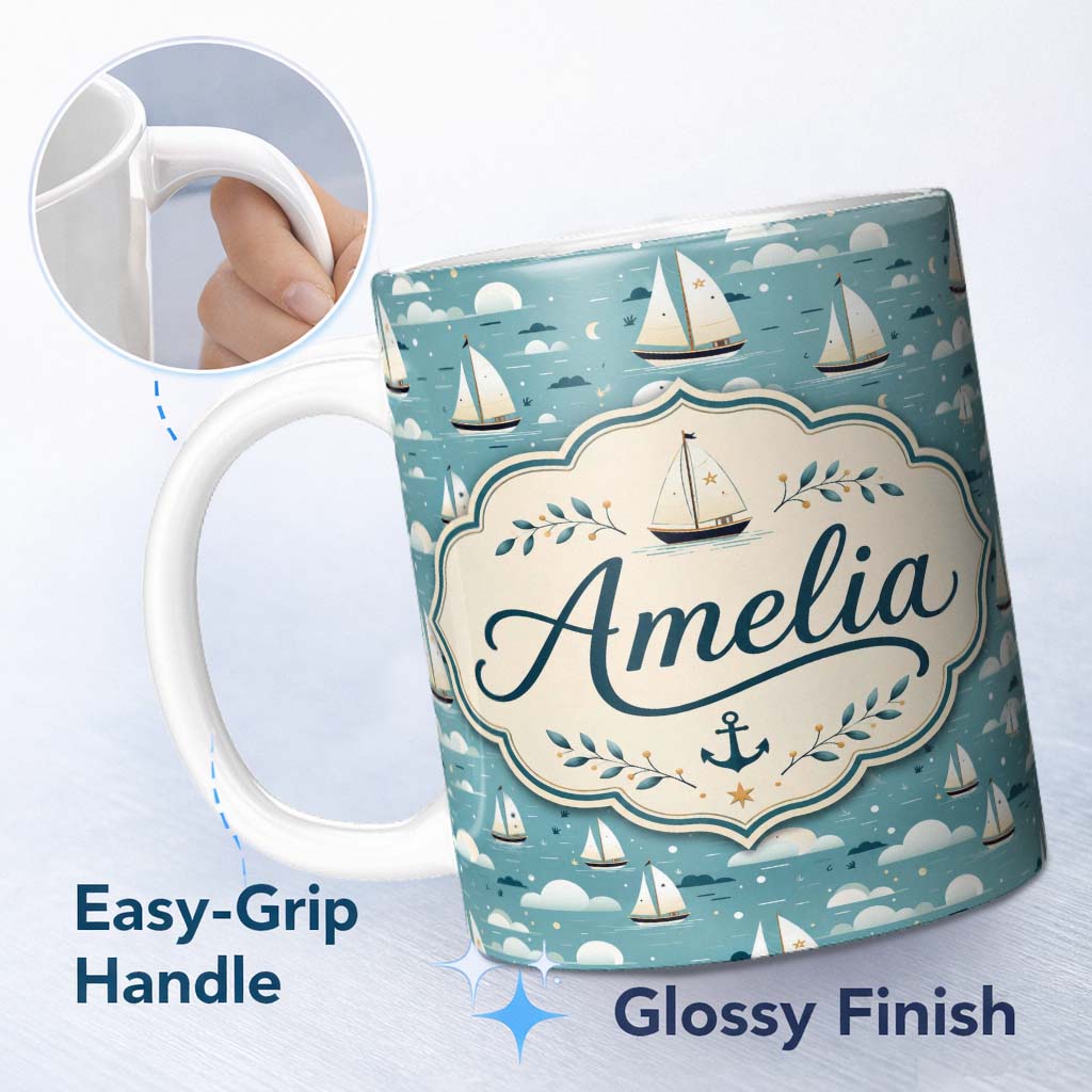 Personalized Custom Name Cute Sailing Boats Sky Clouds Seamless Pattern Name Unique Gift 11oz Ceramic Coffee Tea Mug White Large Handle