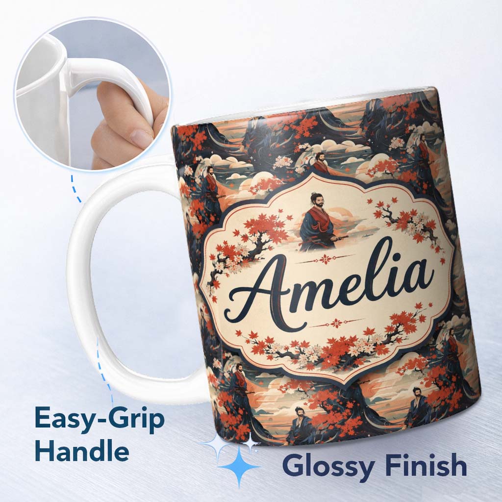Personalized Custom Name Japanese Samurai Autumn Landscape Seamless Pattern Name Cute Unique 11oz Ceramic Coffee Tea Mug White Large Handle