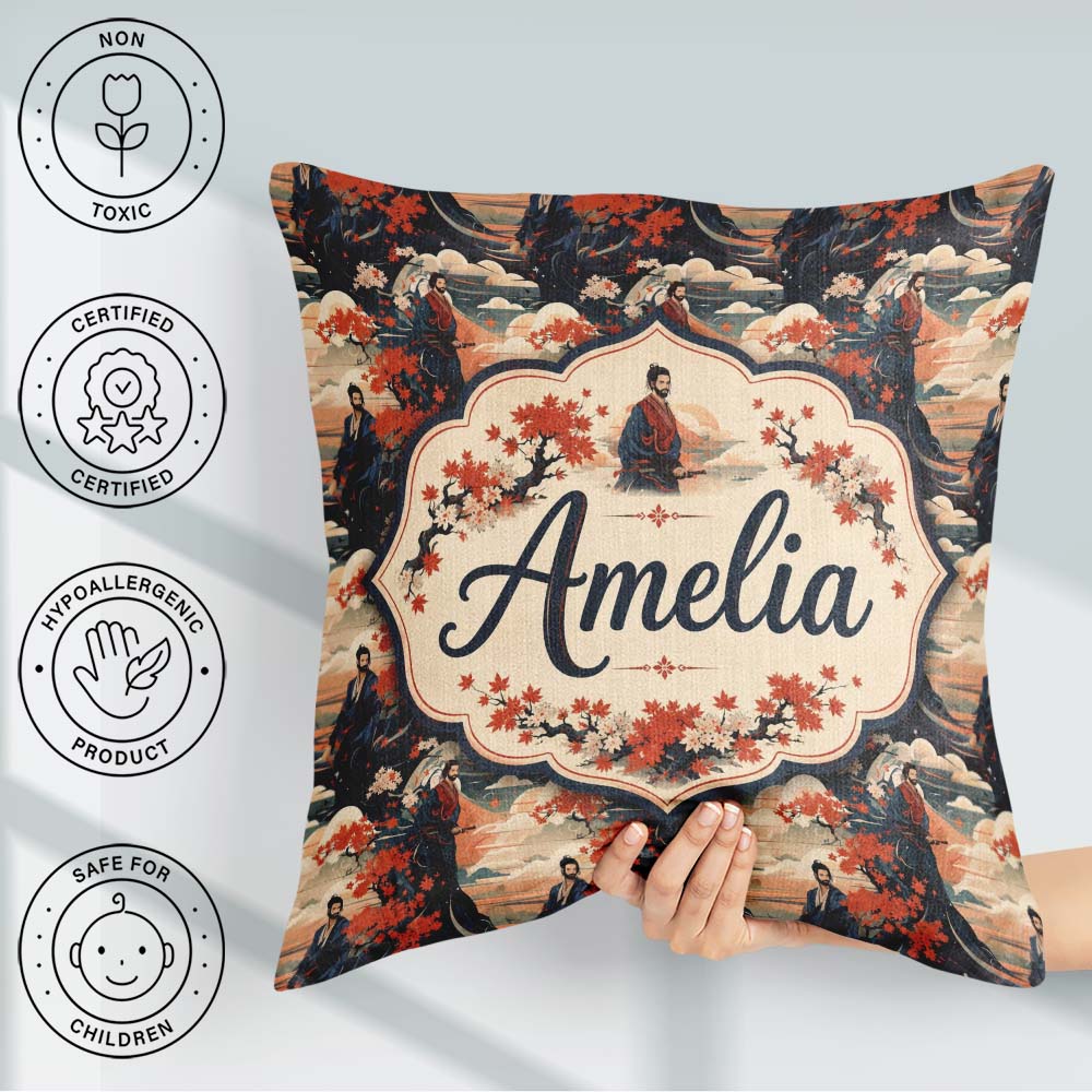 Custom Name Japanese Samurai Autumn Landscape Seamless Name Cute Square Filled Cushion Throw Pillow Sofa Bed Home Decor Zip Washable UK Made