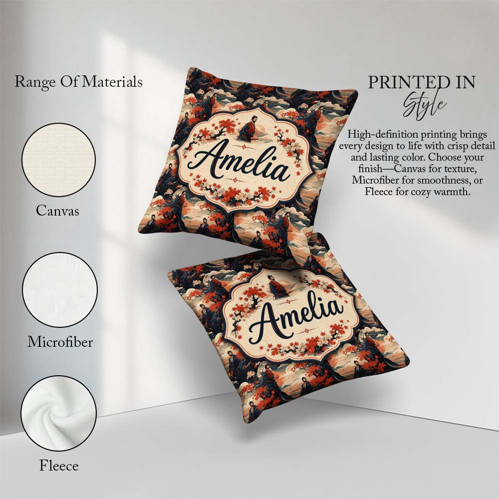 Custom Name Japanese Samurai Autumn Landscape Seamless Name Cute Square Filled Cushion Throw Pillow Sofa Bed Home Decor Zip Washable UK Made