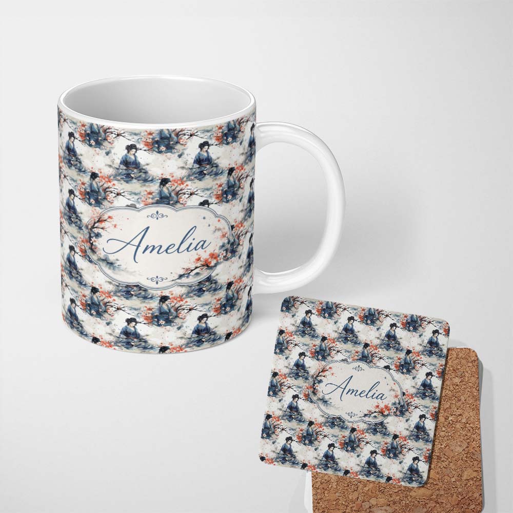 Personalized Custom Name Japanese Woman Kimono Cherry Blossom Seamless Pattern Name Cute 11oz Ceramic Coffee Tea Mug White Large Handle