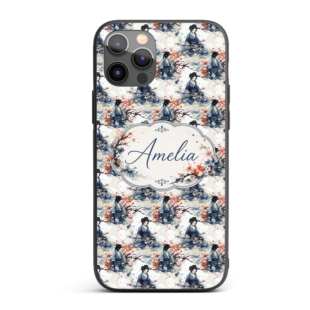 Japanese Woman Kimono Cherry Blossom Seamless Custom Name Protective Phone Case Mobile Cover Durable Everyday Smartphone Shock Resistant