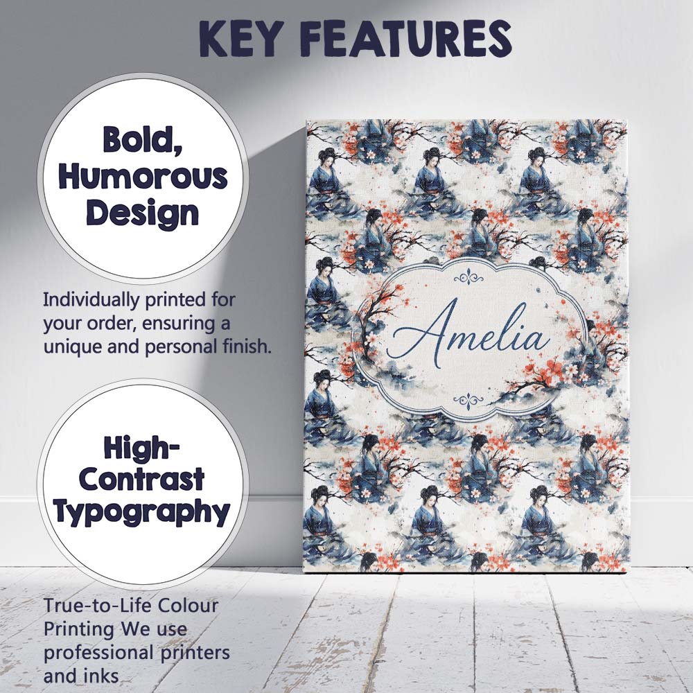 Personalised Name Japanese Woman Kimono Custom Modern Room Accent Elegant Feature Canvas Wall Art Print Decor Picture Ready to Hang