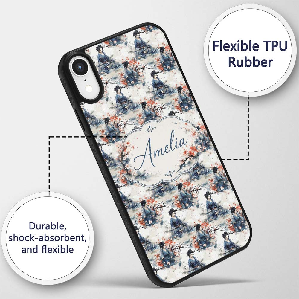 Japanese Woman Kimono Cherry Blossom Seamless Custom Name Protective Phone Case Mobile Cover Durable Everyday Smartphone Shock Resistant