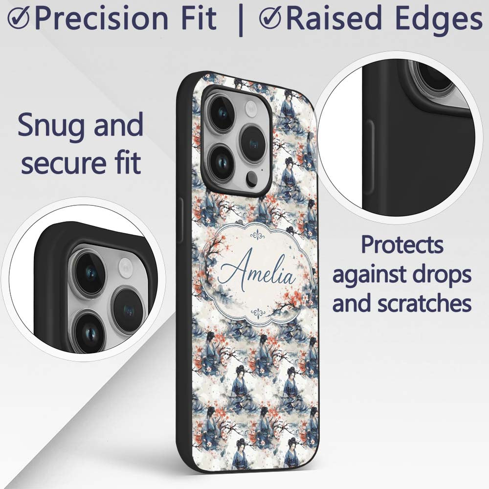 Japanese Woman Kimono Cherry Blossom Seamless Custom Name Protective Phone Case Mobile Cover Durable Everyday Smartphone Shock Resistant