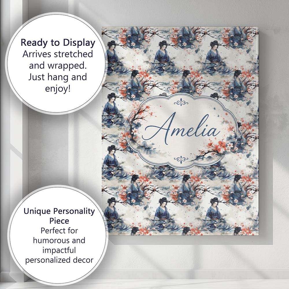 Personalised Name Japanese Woman Kimono Custom Modern Room Accent Elegant Feature Canvas Wall Art Print Decor Picture Ready to Hang