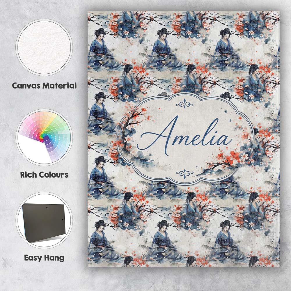 Personalised Name Japanese Woman Kimono Custom Modern Room Accent Elegant Feature Canvas Wall Art Print Decor Picture Ready to Hang