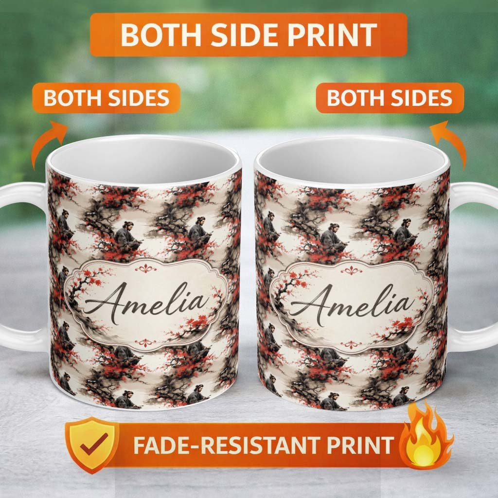 Personalized Custom Name Samurai Warrior Red Blossom Tree Seamless Pattern Name Cute Unique 11oz Ceramic Coffee Tea Mug White Large Handle
