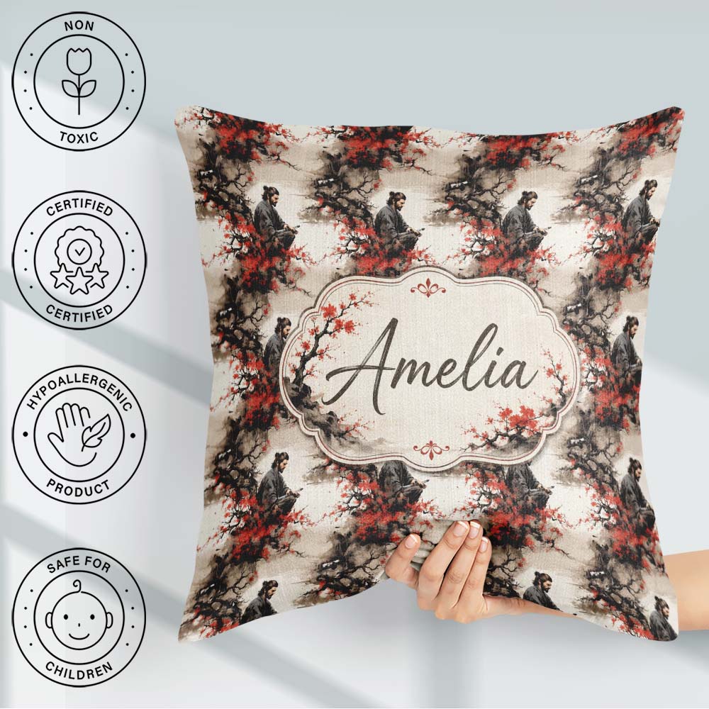 Custom Name Samurai Warrior Red Blossom Tree Seamless Name Cute Square Filled Cushion Throw Pillow Sofa Bed Home Decor Zip Washable UK Made