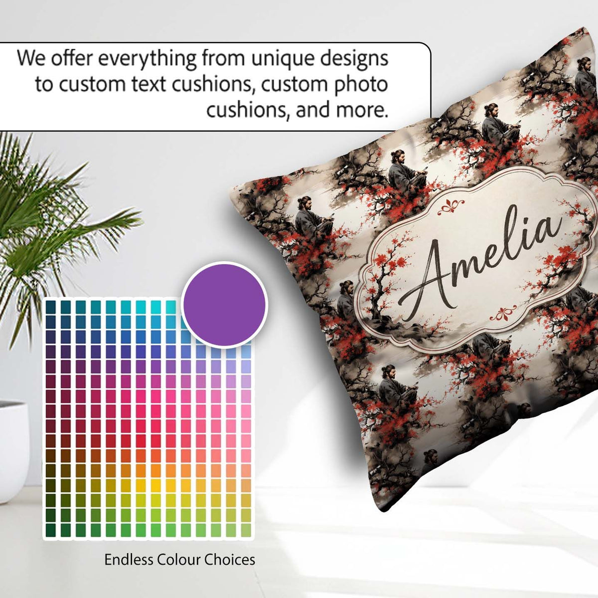 Custom Name Samurai Warrior Red Blossom Tree Seamless Name Cute Square Filled Cushion Throw Pillow Sofa Bed Home Decor Zip Washable UK Made