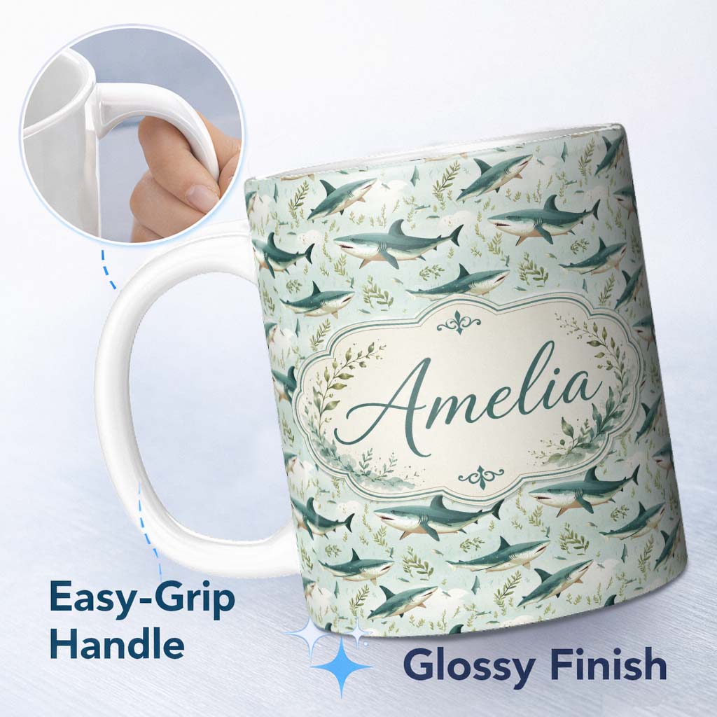 Personalized Custom Name Cute Sharks Ocean Seaweed Seamless Pattern Custom Name Unique Gift 11oz Ceramic Coffee Tea Mug White Large Handle