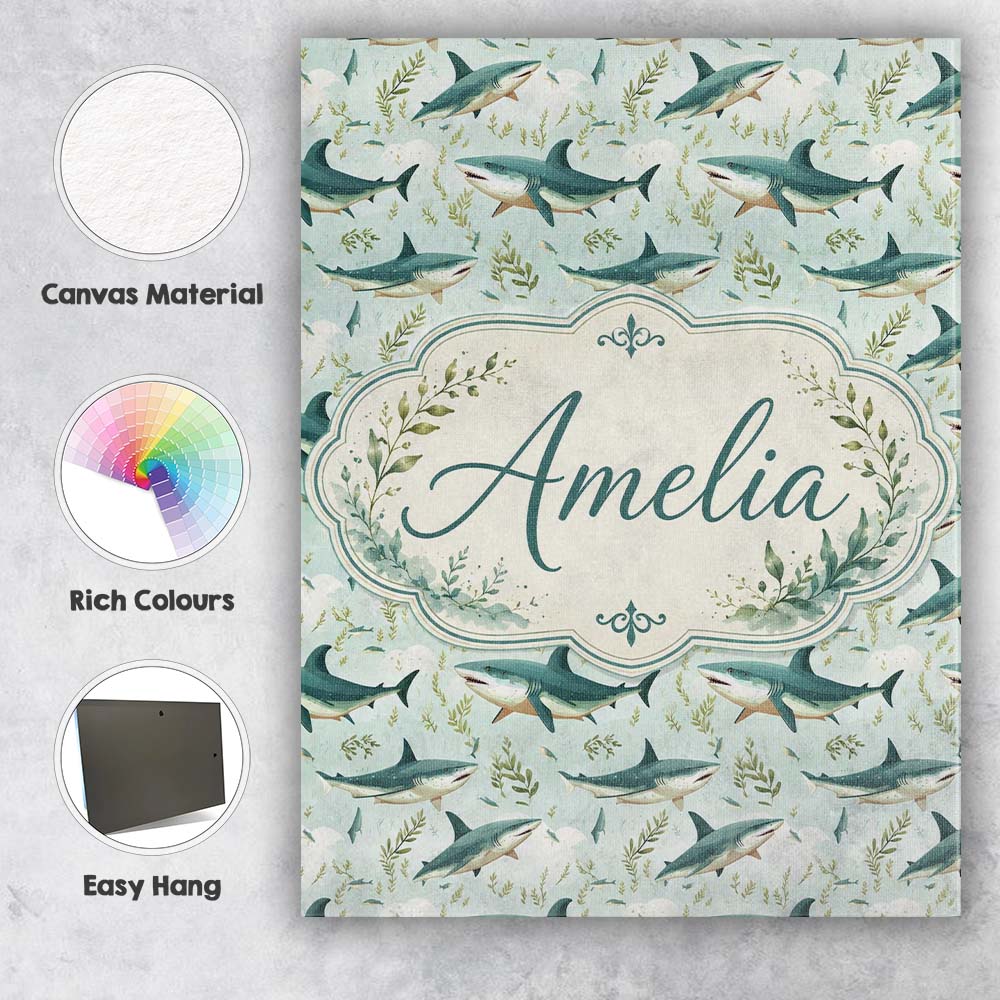 Personalised Name Cute Sharks Ocean Seaweed Custom Bespoke Interior Contemporary Canvas Wall Art Print Decor Picture Ready to Hang