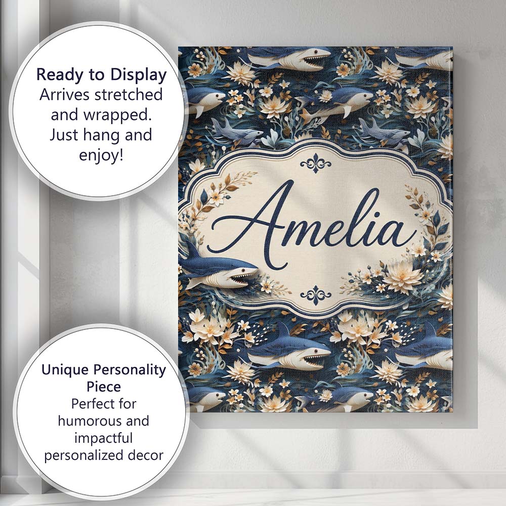 Personalised Name Elegant Sharks Floral Custom Unique Gift Idea Modern Room Accent Canvas Wall Art Print Decor Picture Ready to Hang