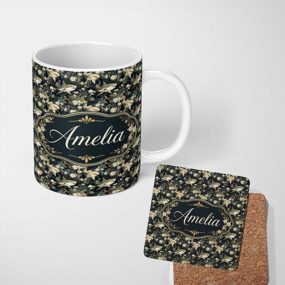 Personalized Custom Name Vintage Sharks Dark Floral Seamless Pattern Name Cute Unique Gift 11oz Ceramic Coffee Tea Mug White Large Handle