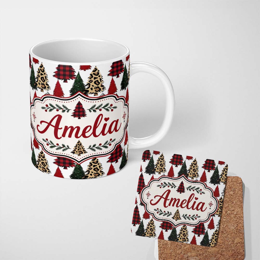 Personalized Custom Name Leopard Plaid and Festive Christmas Trees Modern Seamless Pattern 11oz Ceramic Coffee Tea Mug White Large Handle