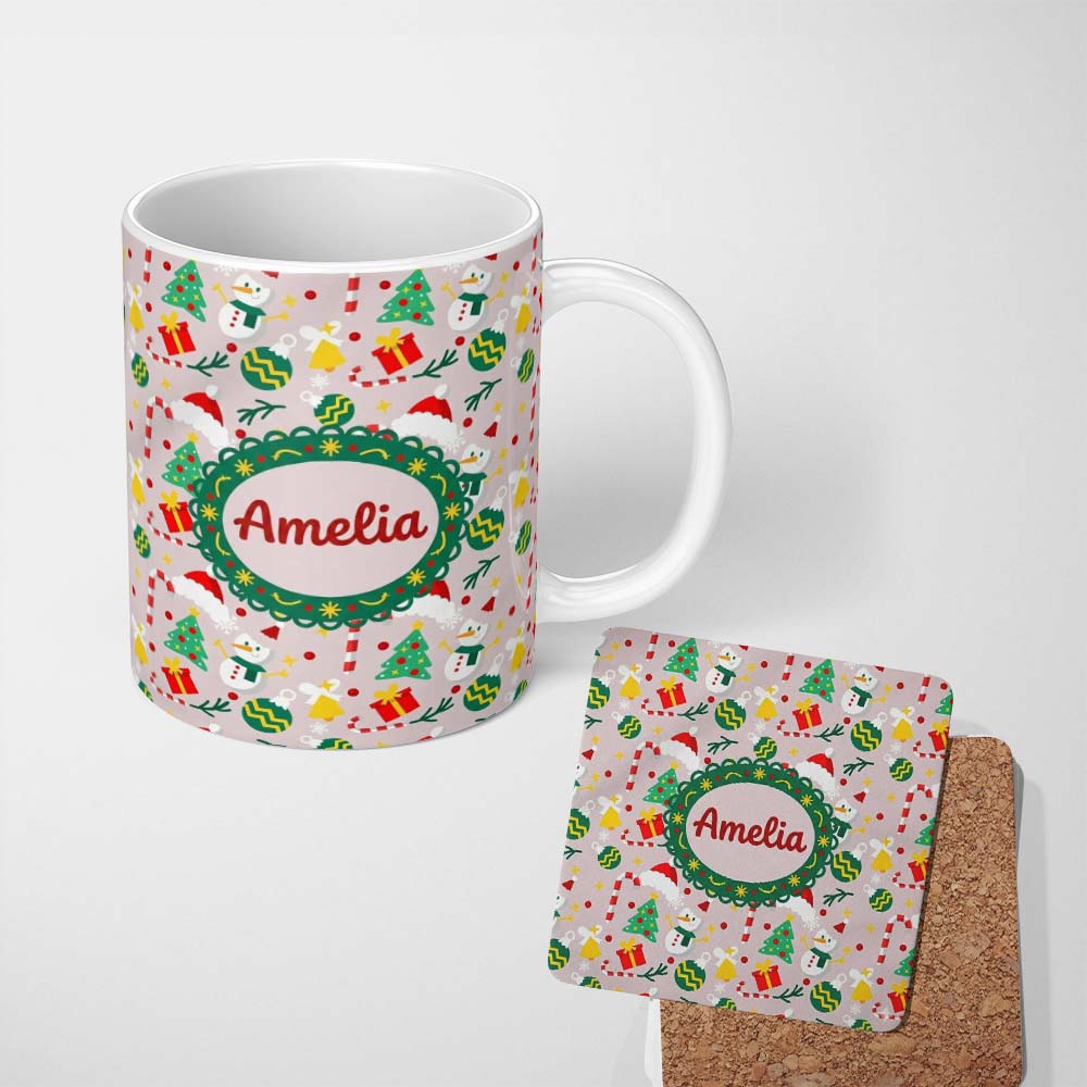 Personalized Custom Name Cute Snowman Tree Candy Cane Ornaments Holiday Seamless Pattern 11oz Ceramic Coffee Tea Mug White Large Handle
