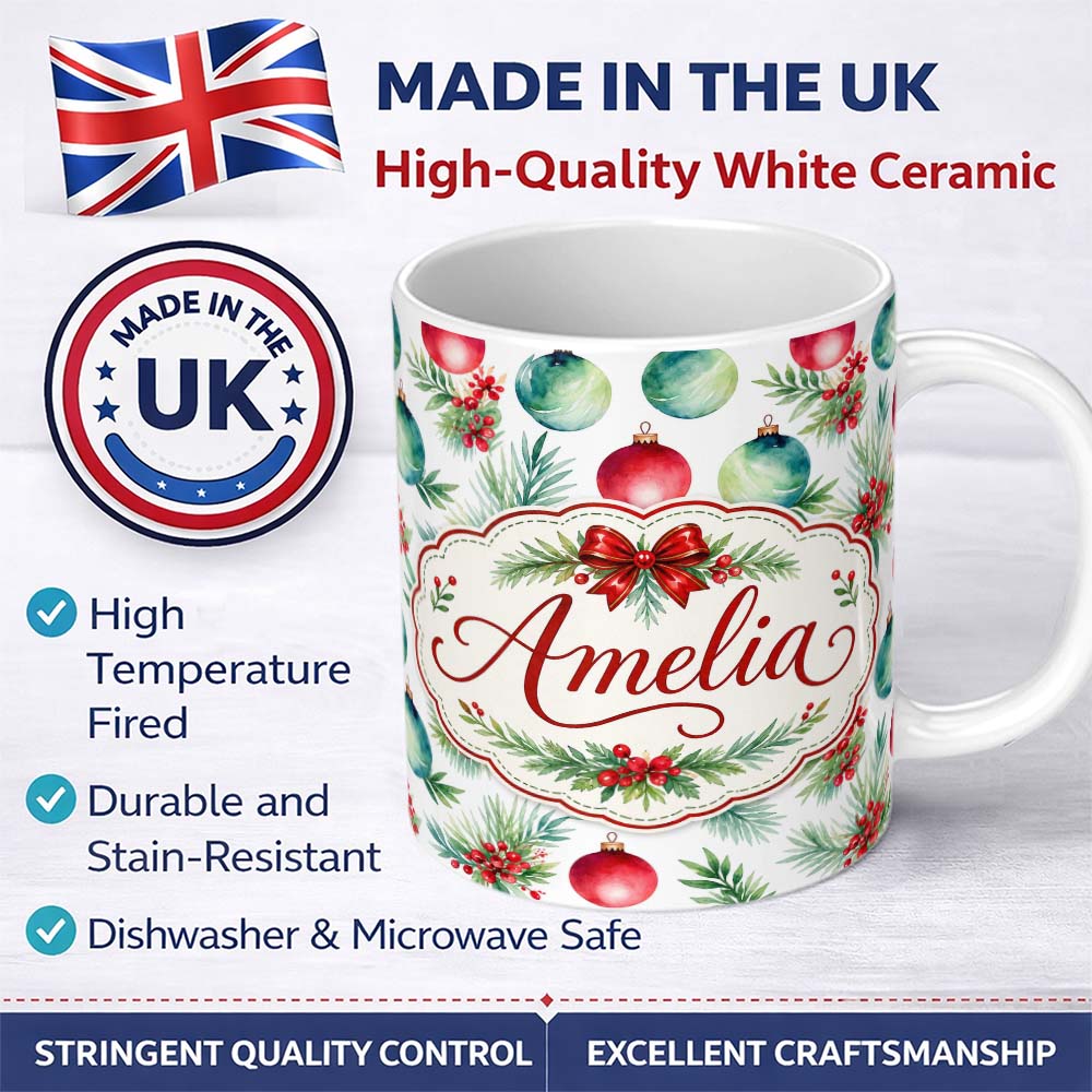 Personalized Custom Name Watercolor Christmas Baubles Pine Berry Greenery Seamless Pattern 11oz Ceramic Coffee Tea Mug White Large Handle
