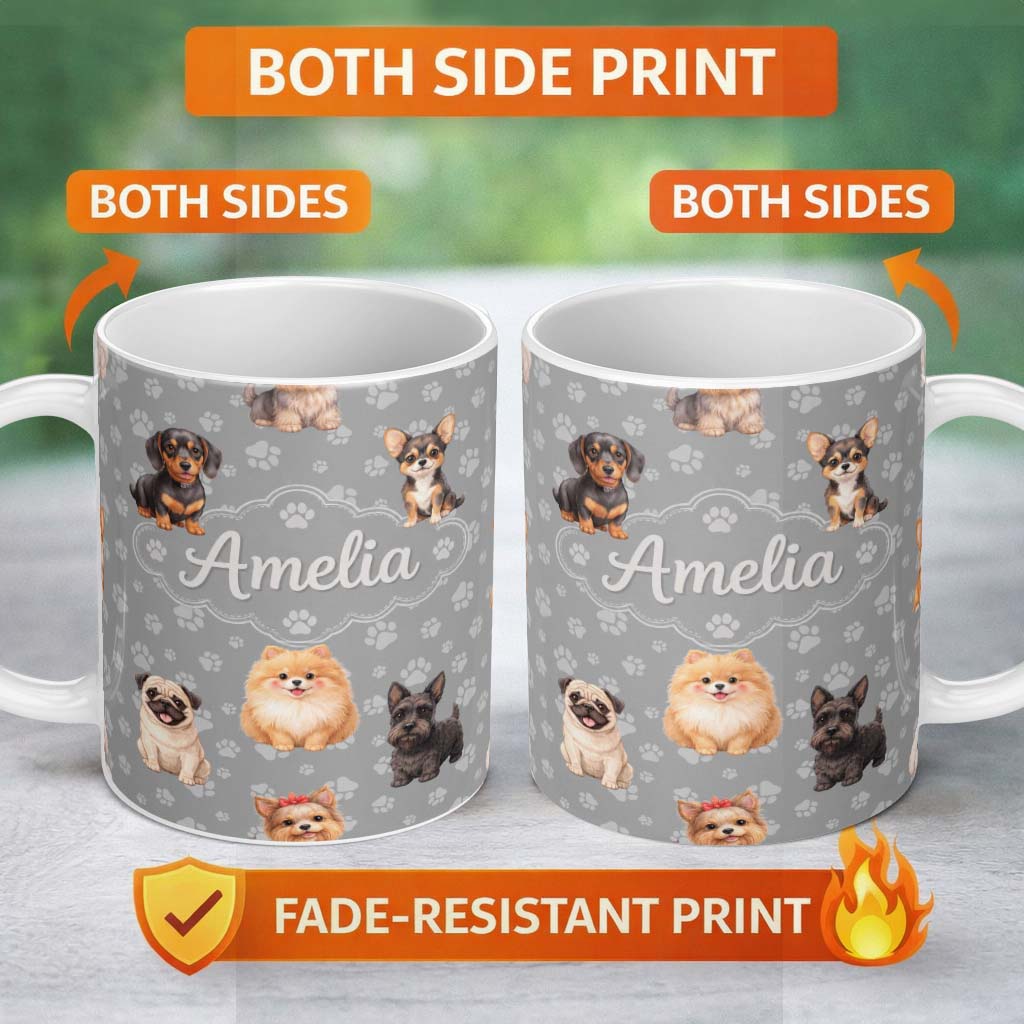 Personalized Custom Name Cute Dog Breeds Paw Print Seamless Pattern on Grey Background Lovely 11oz Ceramic Coffee Tea Mug White Large Handle