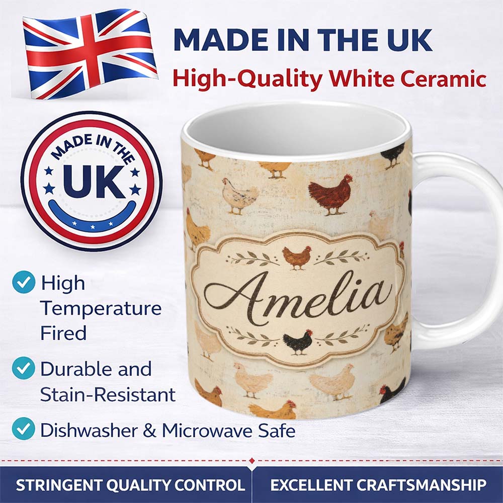 Personalized Custom Name Rustic Chicken Hen Farmyard Illustration Seamless Pattern Lovely 11oz Ceramic Coffee Tea Mug White Large Handle