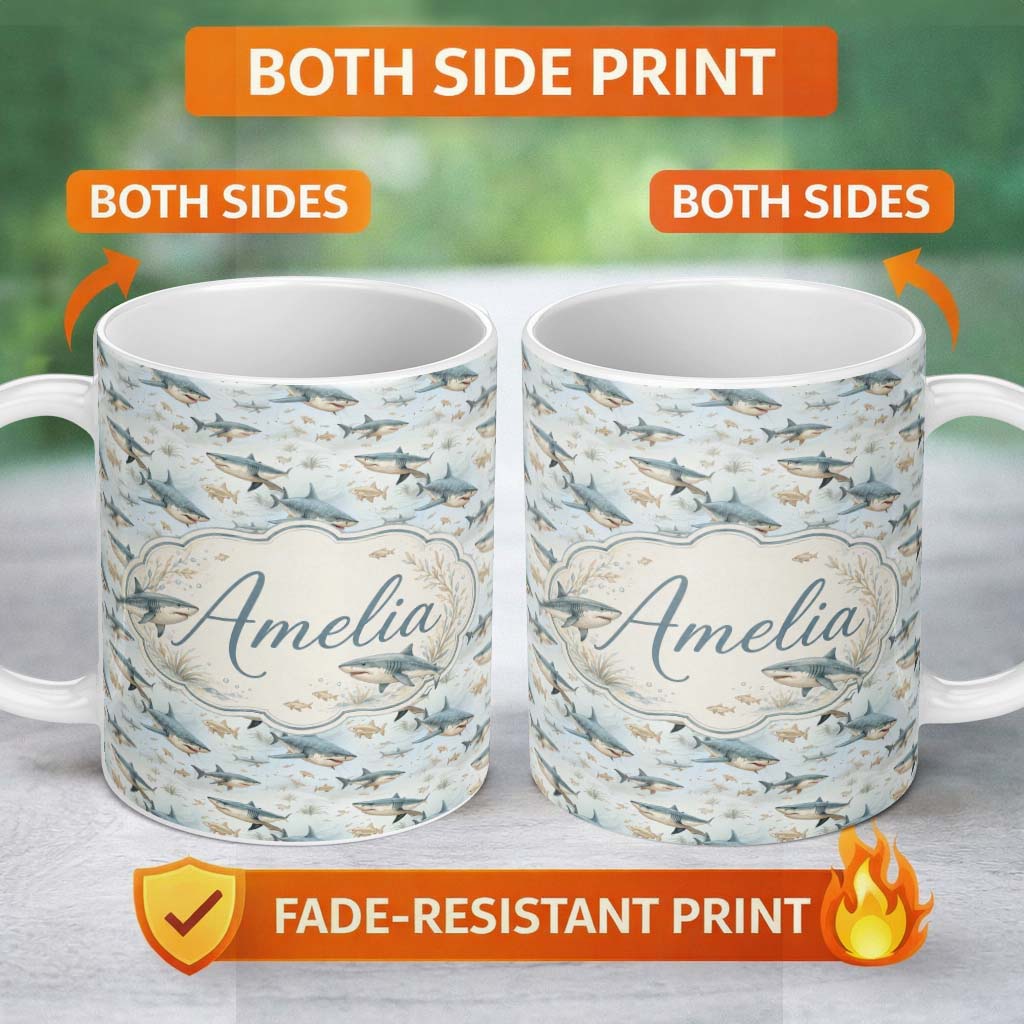 Personalized Custom Name Realistic Sharks Ocean Fish Seamless Pattern Name Cute Unique Gift 11oz Ceramic Coffee Tea Mug White Large Handle