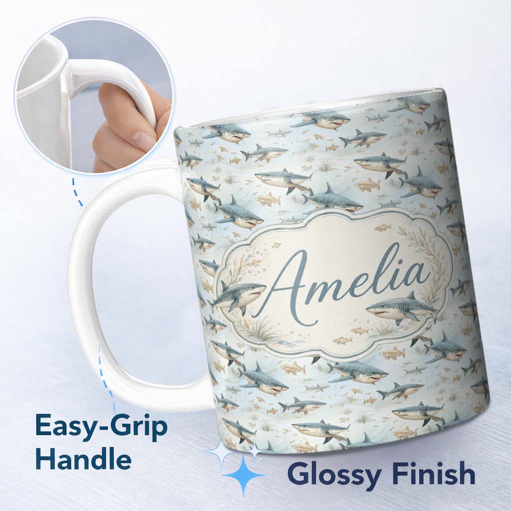 Personalized Custom Name Realistic Sharks Ocean Fish Seamless Pattern Name Cute Unique Gift 11oz Ceramic Coffee Tea Mug White Large Handle