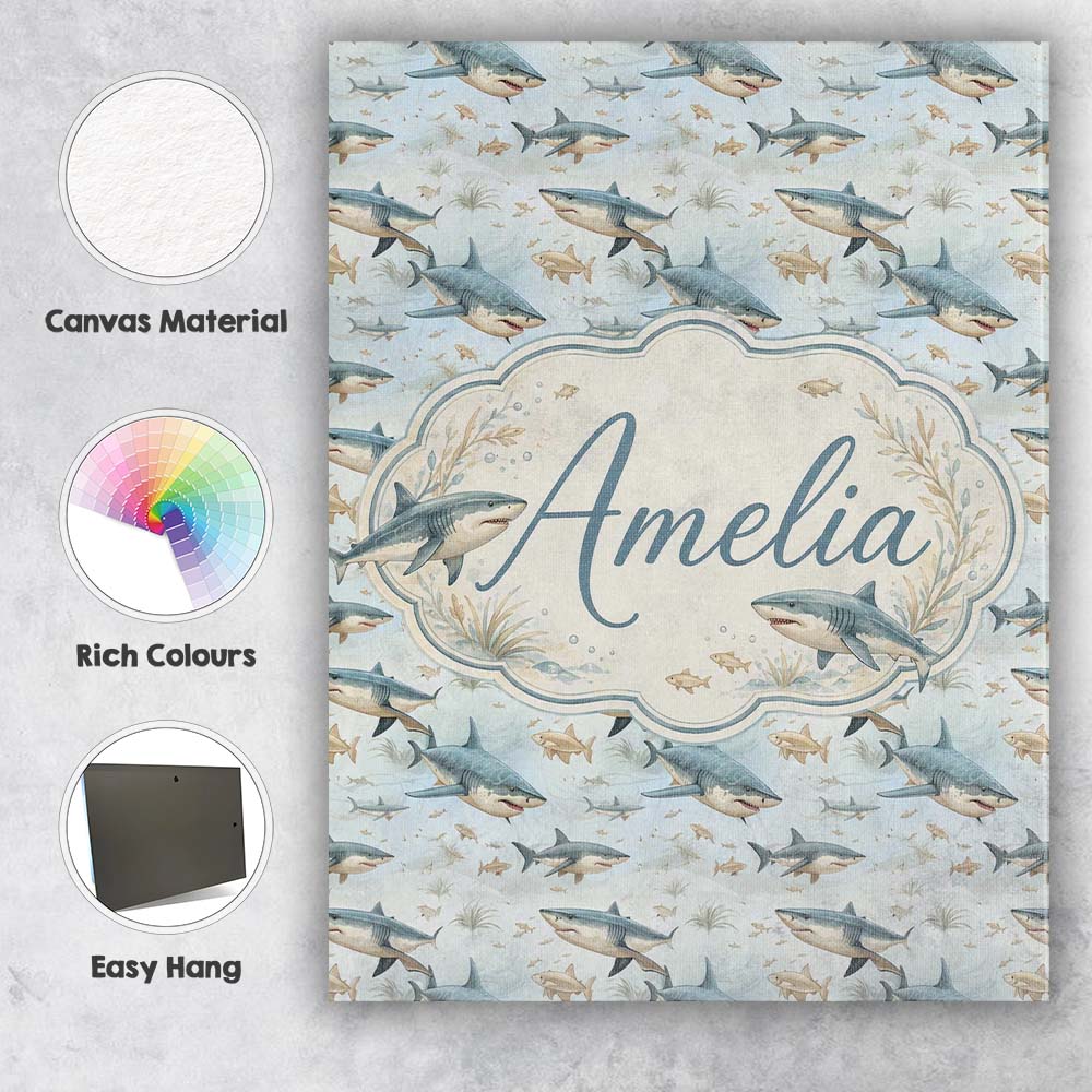 Personalised Name Realistic Sharks Ocean Custom Unique Gift Idea Elegant Feature Canvas Wall Art Print Decor Picture Ready to Hang