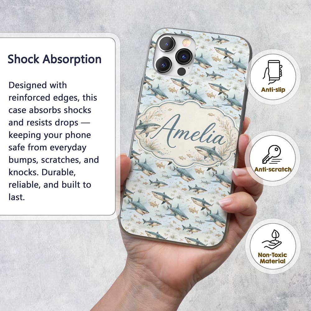Realistic Sharks Ocean Fish Seamless Pattern Name Custom Name Protective Phone Case Mobile Cover Durable Everyday Smartphone Shock Resistant
