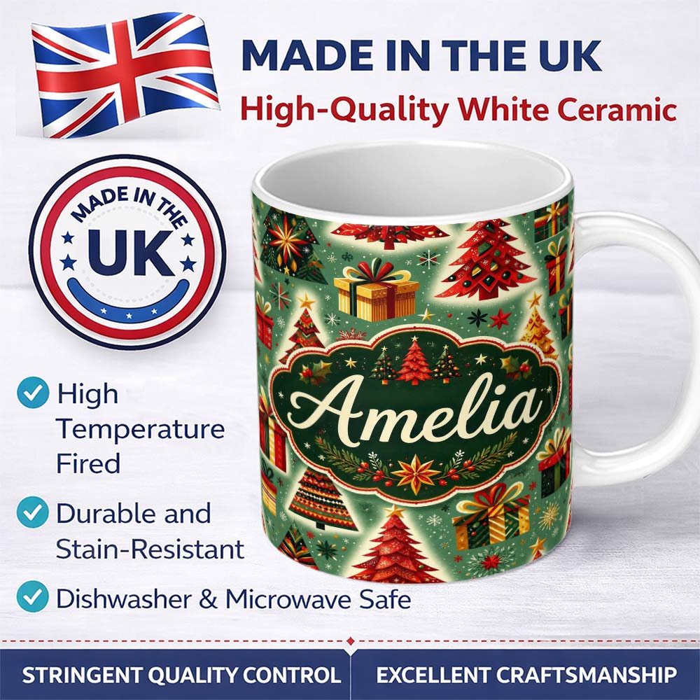 Personalized Custom Name Colorful Christmas Trees Gifts Snowflakes Festive Holiday Seamless 11oz Ceramic Coffee Tea Mug White Large Handle