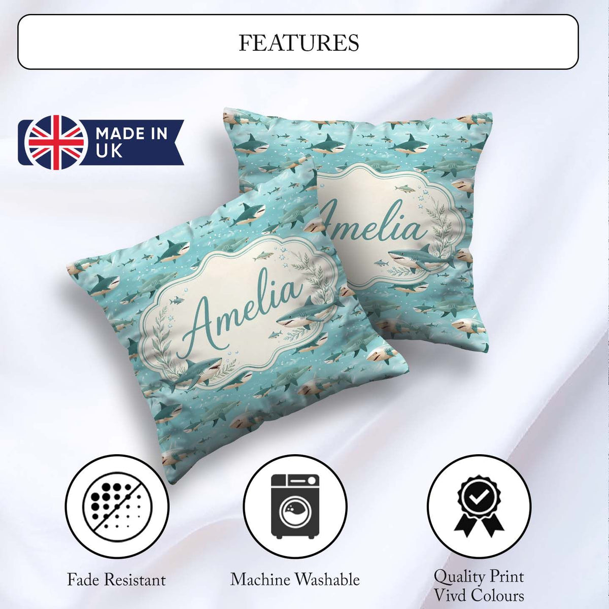 Custom Name Cartoon Sharks Blue Ocean Seamless Pattern Name Cute Square Filled Cushion Throw Pillow Sofa Bed Home Decor Zip Washable UK Made