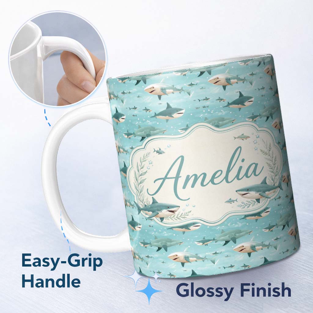 Personalized Custom Name Cartoon Sharks Blue Ocean Seamless Pattern Name Cute Unique Gift 11oz Ceramic Coffee Tea Mug White Large Handle