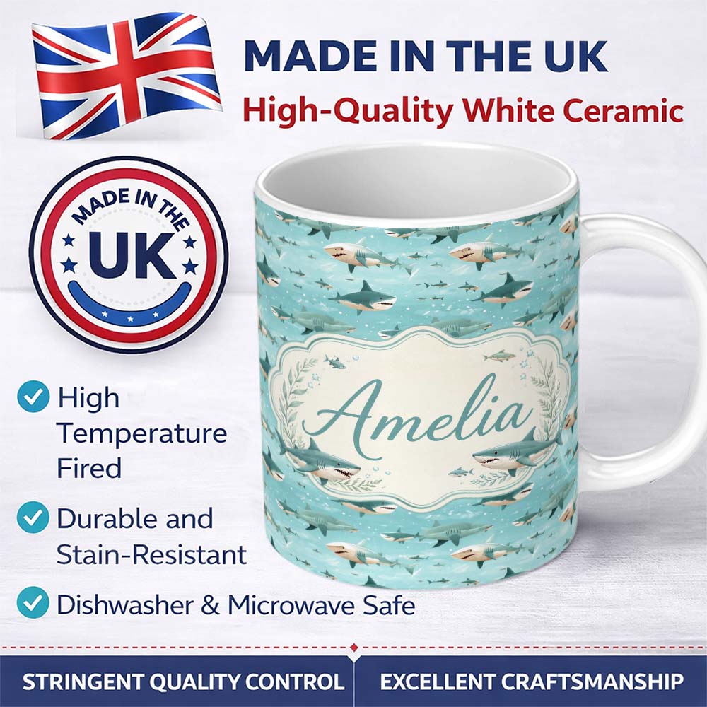 Personalized Custom Name Cartoon Sharks Blue Ocean Seamless Pattern Name Cute Unique Gift 11oz Ceramic Coffee Tea Mug White Large Handle