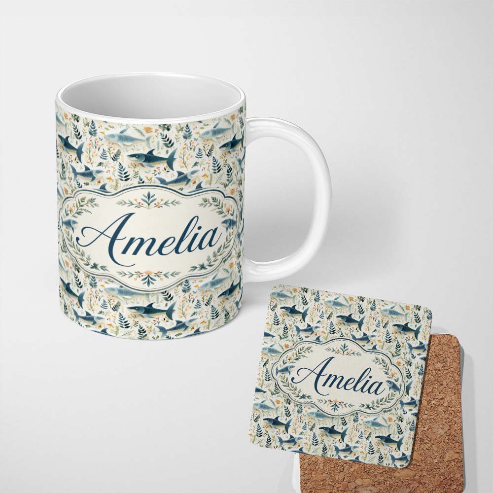 Personalized Custom Name Blue Fish Botanical Seamless Pattern Name Cute Unique Gift Lovely 11oz Ceramic Coffee Tea Mug White Large Handle
